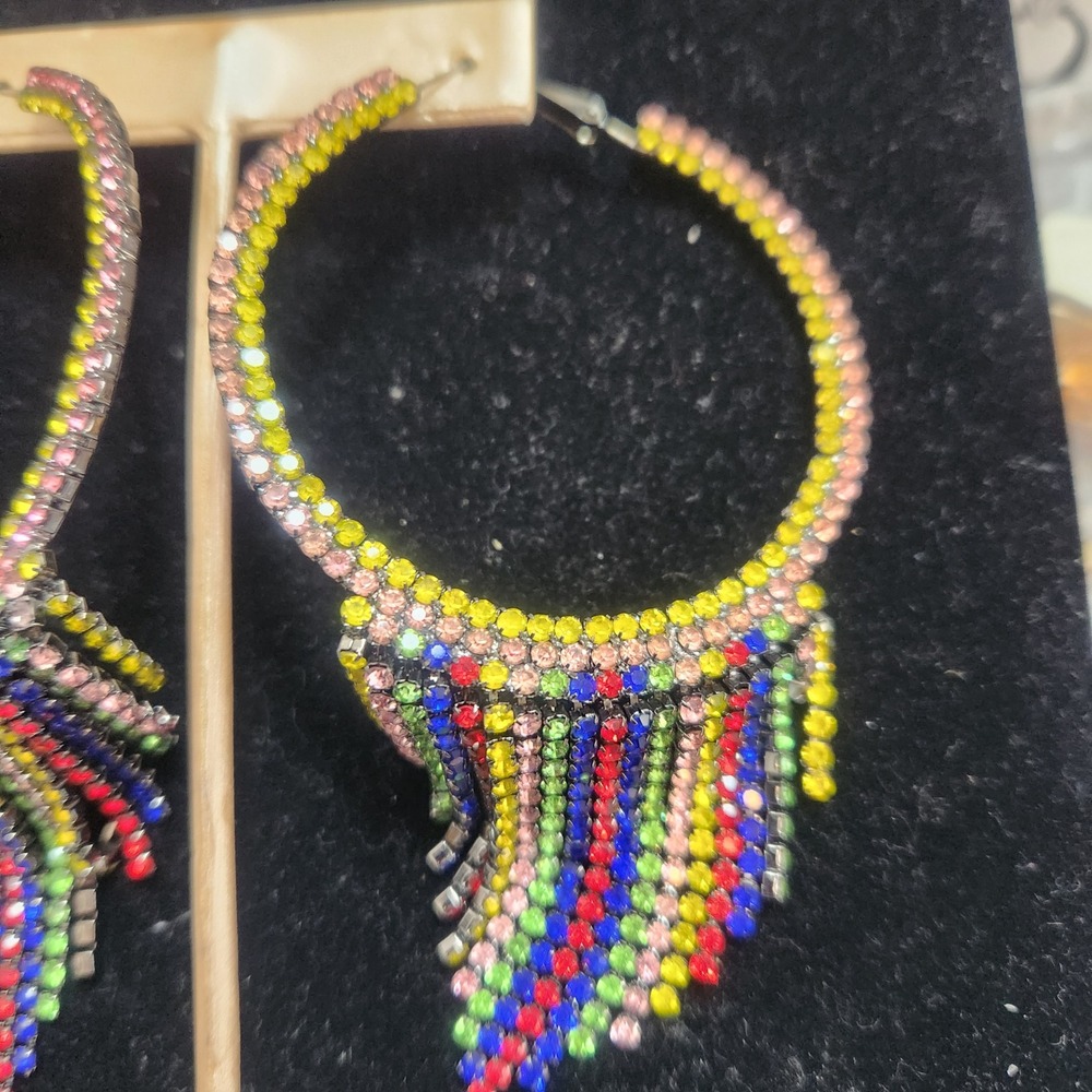 Multi Color Rhinestone Fringe Hoop Earrings Rainbow Crystal Tassel Statement - Picture 3 of 11